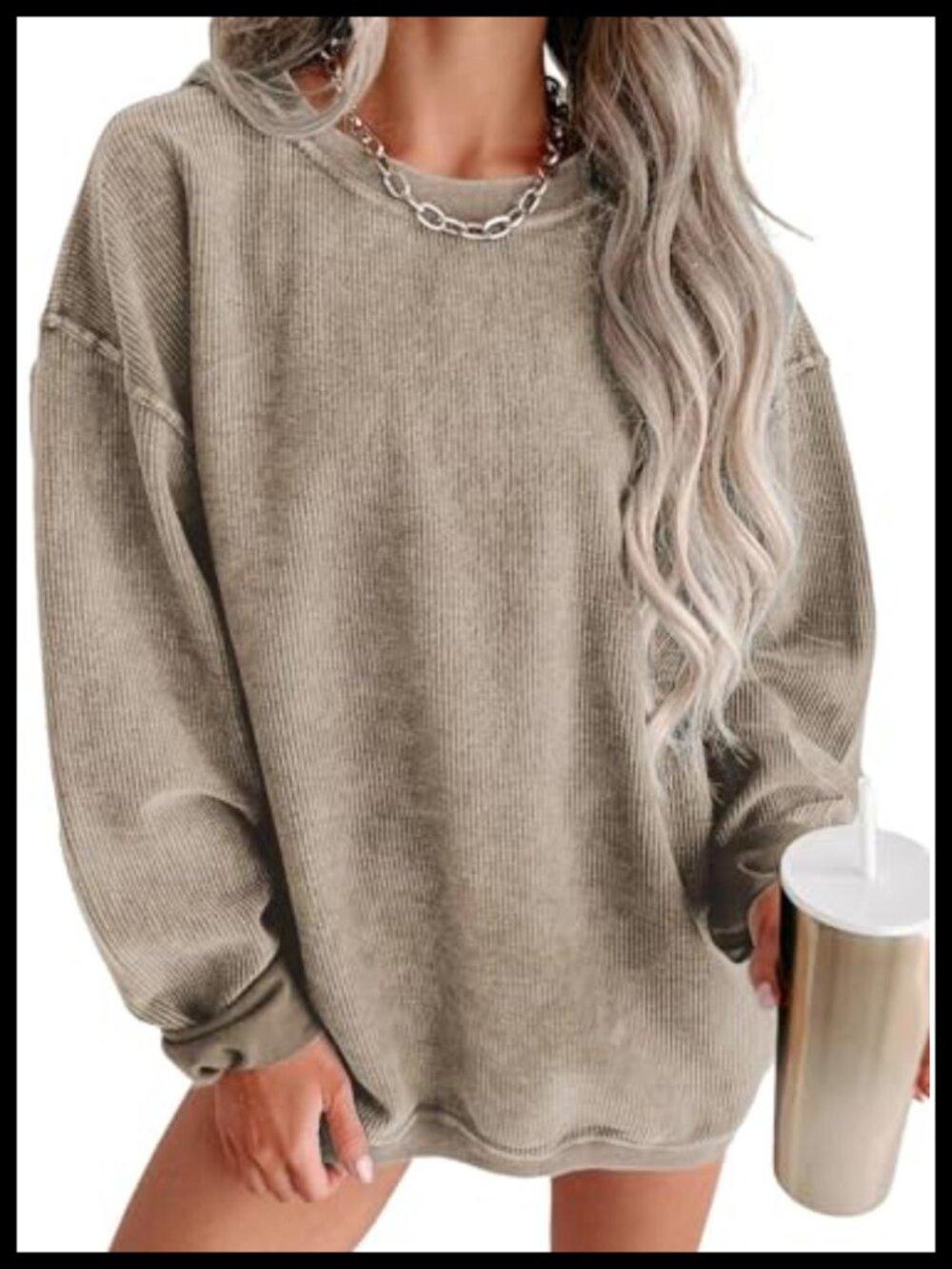 Oversized Crew Neck Pullover Sweatshirt Ribbed Corded Long Sleeve Casual